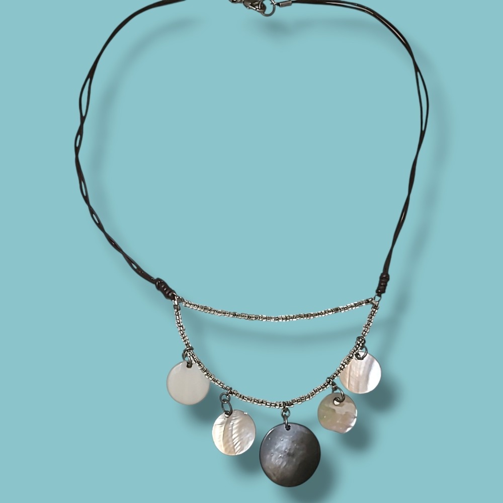 Vintage Y2K Abalone Mother of Pearl Disc Choker Necklace 15in Shell Boho‎
